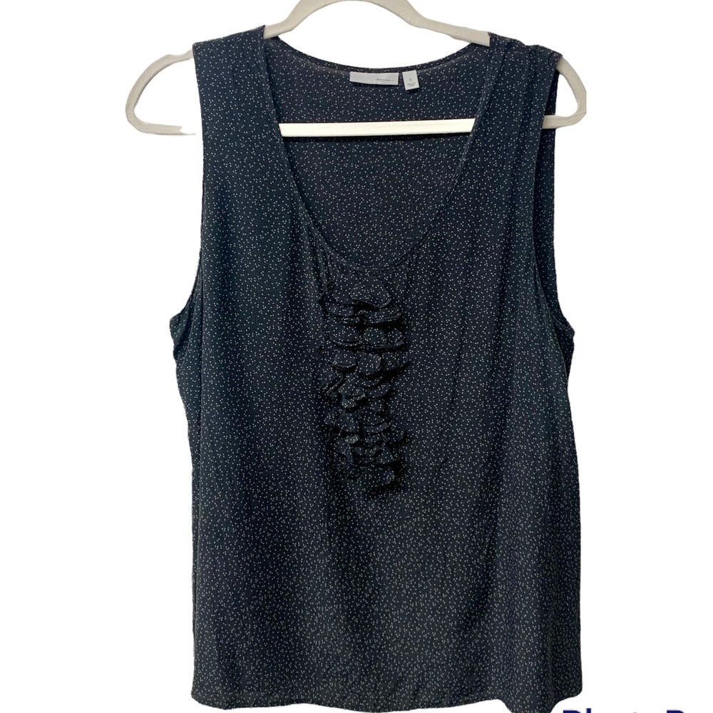 Halogen Sleeveless Blouse Black Cream Polka Dot 100% Silk Ruffle Front XL